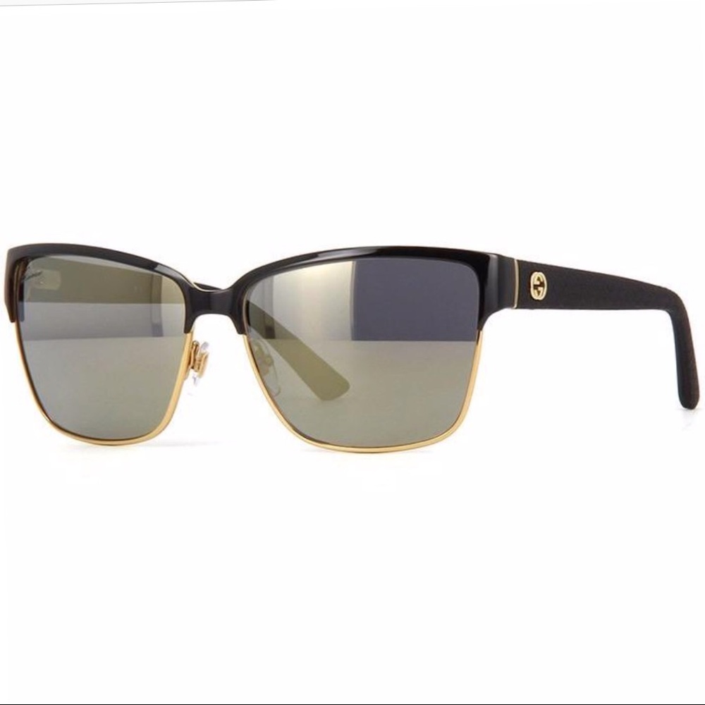 GUCCI Square Black Gold Mirrored Sunglasses w/ Case, Authenticity Card & Cloth - Picture 4 of 7